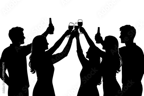 Silhouetted group toasting celebration with drinks.