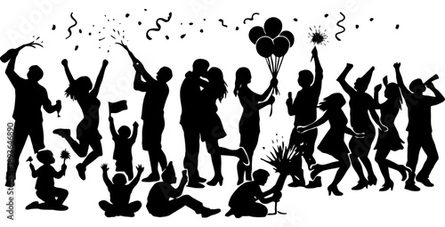 Silhouette party celebration with dancing and fireworks.
