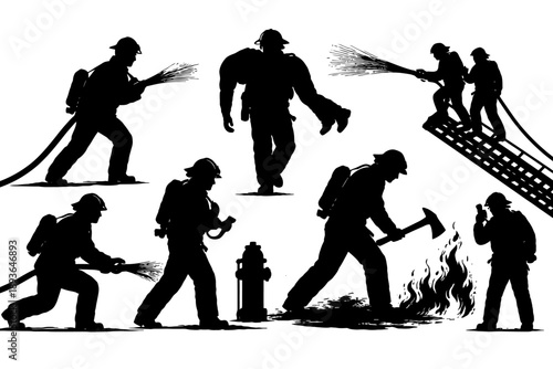 Silhouetted firefighters in action: heroic scenes with equipment and extinguishing fires.