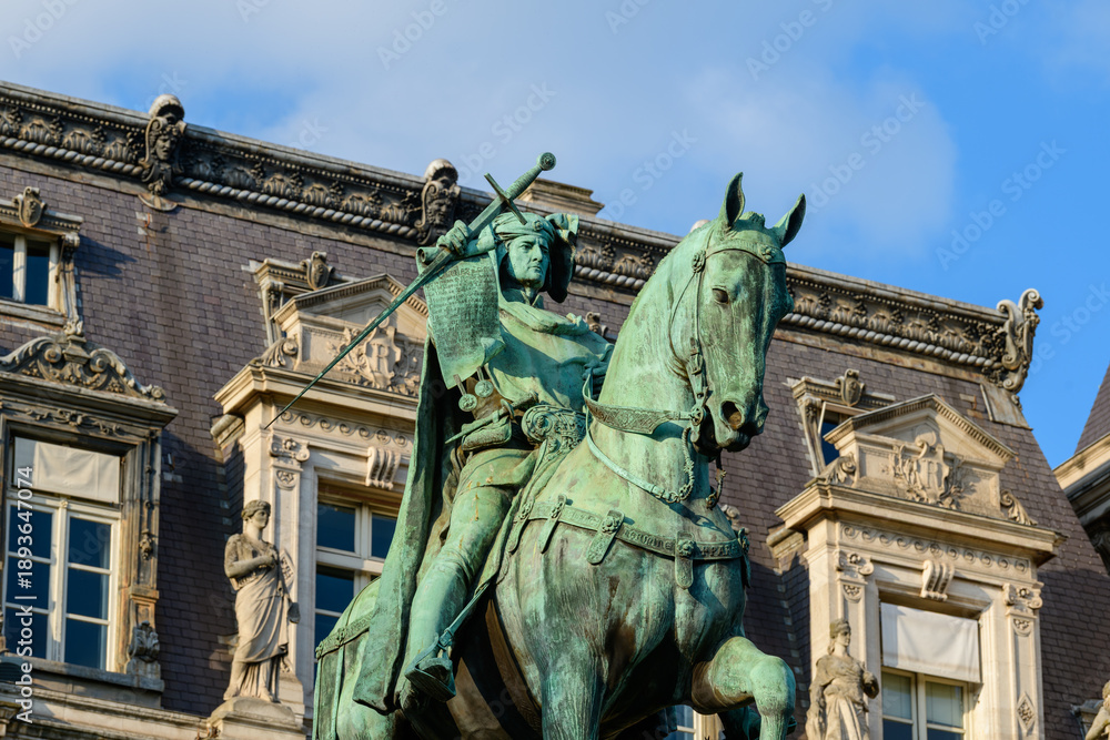 Fototapeta premium Close-up of a weathered bronze equestrian statue in front of an ornate slate roof and sculpted stone facade, illuminated by crisp daylight in Paris.