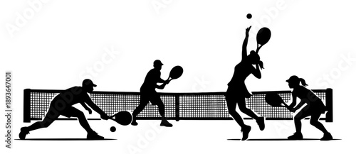 Silhouette of mixed doubles tennis match with female and male players in action.