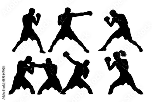 Silhouette of boxers in various poses and actions.