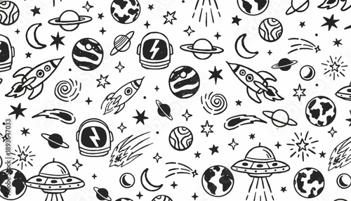 Space scene with rockets, planets, UFOs, stars, and moons floating in a vast kDBkc inspired galaxy