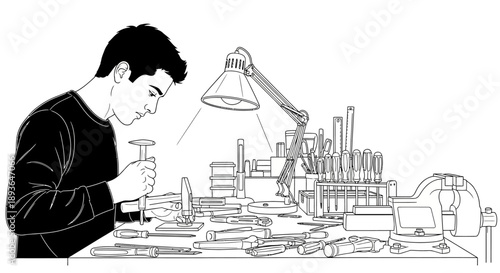 A man works on a complex mechanical device under a lamp on a cluttered workbench in a workshop.
