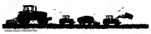 Silhouetted farming equipment: tractors and machinery in agricultural scene.