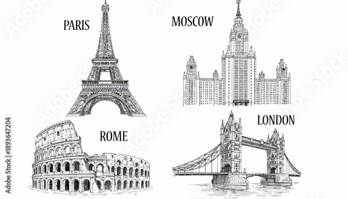 City landmarks featuring Eiffel Tower, Kremlin, Colosseum, and Tower Bridge illustrations