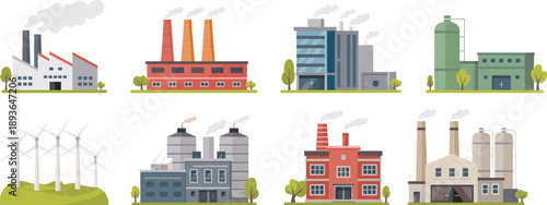Industrial factory and power plant buildings illustration set with manufacturing facilities renewable energy infrastructure and modern industry landscape