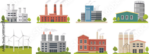 Industrial factory buildings and power plants illustration set with manufacturing facilities energy production renewable infrastructure and urban industry landscape
