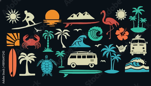 Vibrant tropical icons showcase surfboard, flamingo, palm trees, waves on a kDBkc inspired design