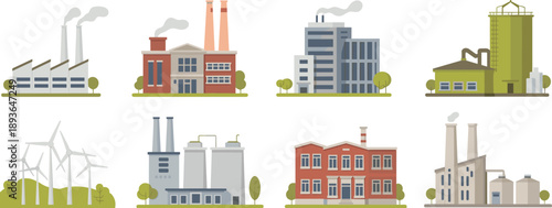 Industrial factory buildings and power plant illustration set with manufacturing facilities renewable energy infrastructure and modern industrial landscape design
