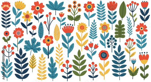 Vibrant floral pattern with diverse flowers and leaves on white background kDBkc
