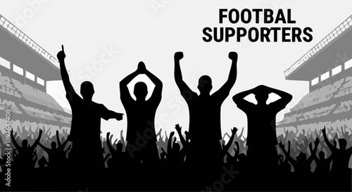 Silhouettes of football supporters cheering in a packed stadium with raised arms