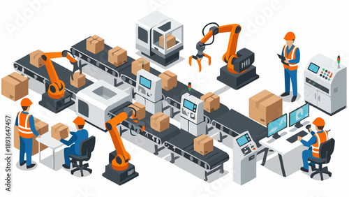 Workers operate machinery on a factory assembly line with robots and computers