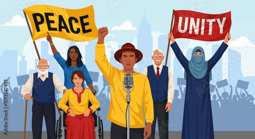 Diverse group of people holding peace and unity signs standing together in a city