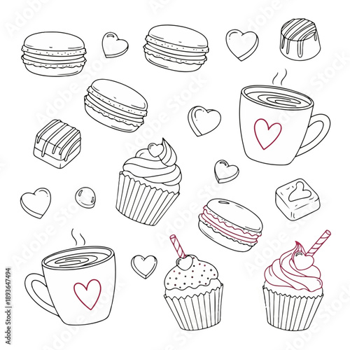 Valentine’s Day Bakery Doodle Set with Coffee Cupcakes Macarons and Sweets