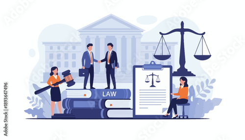 Lawyers and judges interact outside a courthouse with legal documents and scales