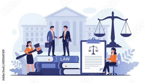 Lawyers shaking hands outside courthouse with law books and scales