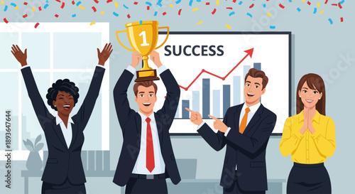 Celebrating success with a trophy and rising graph in a modern office setting
