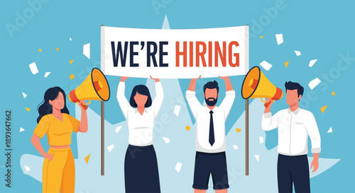 Four colleagues holding megaphones and a banner announcing job openings in a modern workplace setting from a straightforward viewpoint