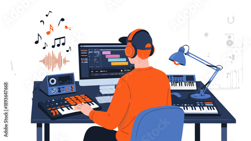A person wearing headphones creating music on a computer with audio equipment in a studio setting illustration view