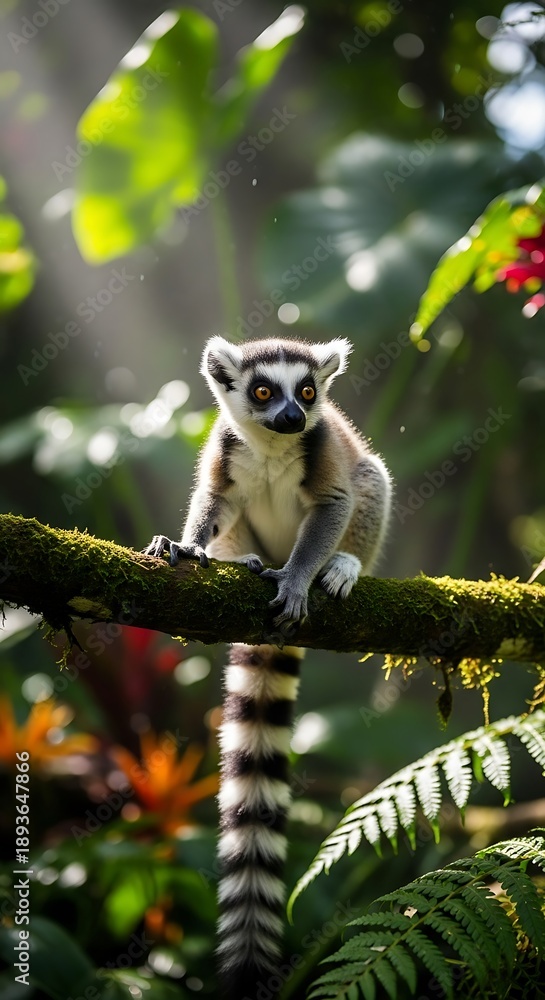 Obraz premium Ring-tailed Lemur Perched on Branch in Lush Rainforest.