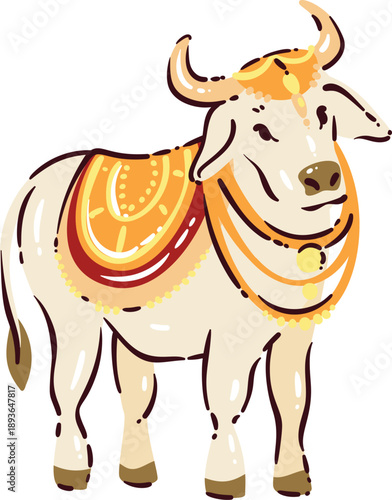 Indian sacred cow icon. Decorated cow with ornaments, golden garlands, horns, calm pose, traditional cultural animal detail. Sacred cow travel symbol, cartoon doodle vector illustration.