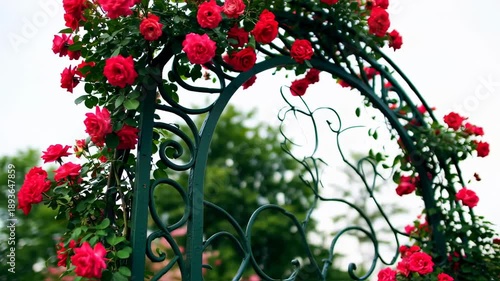 Romantic Red Roses Blooming on an Archway in a Lush Green Garden Scene