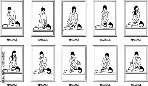 A collection of ten framed illustrations showcasing diverse massage therapy techniques. Each pose features a therapist working on a client in various positions, ideal for spa brochures, wellness infog