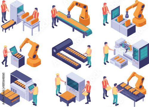 Isometric factory automation illustration with robotic arms conveyor belts workers machines and smart industrial food manufacturing production line technology
