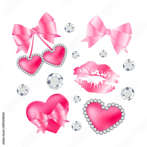 Illustration of items with hearts and bows on a white background.