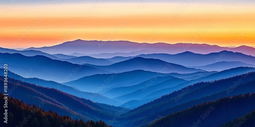 Fototapeta premium Stunning Mountain Range at Sunset with Layers of Blues and Purples Creating a Serene Landscape