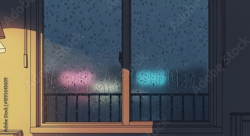 Cozy Rainy Night Window View with City Lights in Anime Lofi Style
