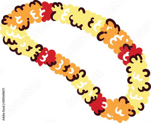 Indian flower garland icon. Colorful floral mala with marigold blossoms, looped string, festive decoration, traditional ceremonial detail. Flower garland travel symbol, cartoon vector illustration.