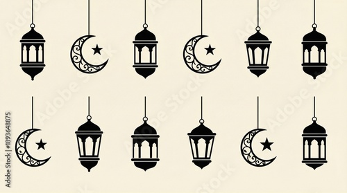 Islamic crescent moon lantern silhouette vector set with stars, ornate decorative patterns, cultural motifs, Ramadan celebration, Eid festival, traditional religious art designs