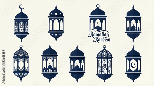 Ramadan Kareem lanterns vector set with mosque silhouettes, ornate Islamic designs, crescent moons, decorative patterns, cultural art elements, festive celebration, Eid festival graphics