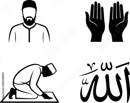 This black-and-white icon set features key Islamic worship symbols: a Muslim figure, dua hands, sujood posture, and Allah calligraphy—ideal for faith-based design, education, and spiritual visuals.
