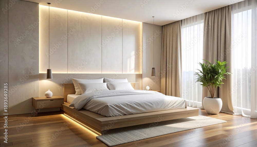 Fototapeta premium Elegant Bedroom Interior with Platform Bed and Ambient Lighting.