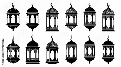 Ramadan lantern silhouette vector symbols set with crescent moon designs, Islamic decorative patterns, cultural religious icons, traditional art elements, Eid festival celebration graphics