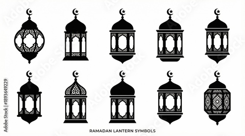 Ramadan lantern silhouette vector symbols set with crescent moon designs, Islamic decorative patterns, cultural religious icons, traditional art elements, Eid festival celebration graphics