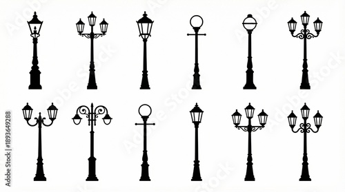 Vintage street lamp silhouette vector collection with ornate posts, classic lantern designs, decorative fixtures, urban lighting styles, historical architecture, cultural art inspiration elements