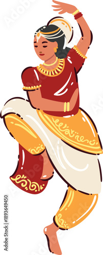 Indian classical dancer icon. Traditional female dancer in pose, graceful movement, sari costume, jewelry, cultural performance detail. Dancer travel symbol, cartoon doodle vector illustration.