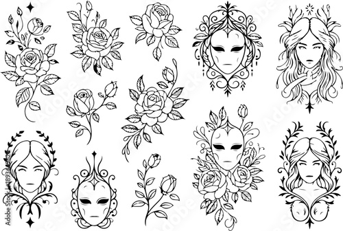 Mystical Floral Woman Tattoo Art Set