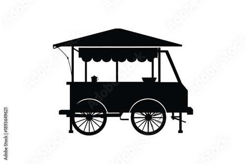 Silhouette of vintage food cart, mobile kitchen, snack stall on wheels, isolated on white background