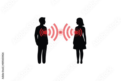 Man and Woman Communicating with Wireless Signals in Minimalist Silhouette Style with Red Accents on White Background for Tech Illustration