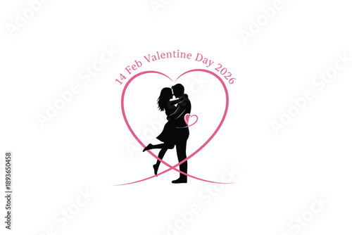 Couple Dancing Silhouette in Heart Shape with Pink Valentines Day Theme in Minimalist Style for Romantic Greeting Card