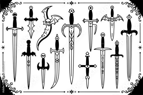 Gothic Dagger and Sword Tattoo Illustration Set