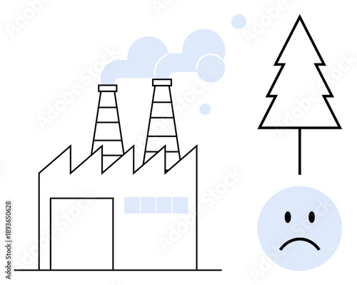 Environmental pollution. Factory emissions highlighting environmental pollution and its impact on nature. Environmental pollution ed by smoke, tree, and sad face. For environmental awareness