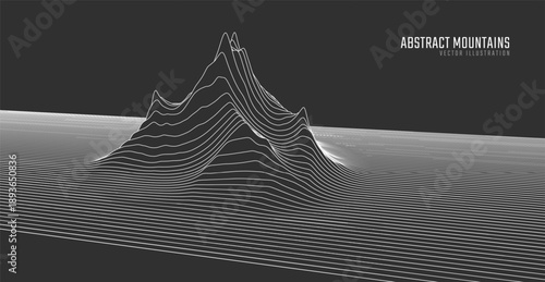 Contour mountain landscape. Waved line art. Abstract minimal topographic map. Contour lines with elevations and terrain depth. Vector illustration.