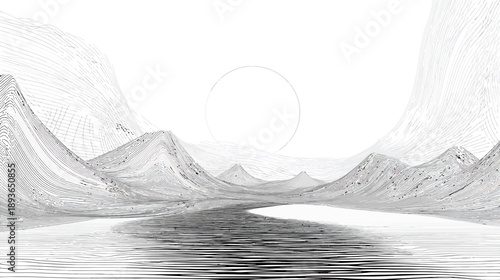 Abstract Black and White Landscape with Mountains, Reflective River, and Minimalist Sun Art