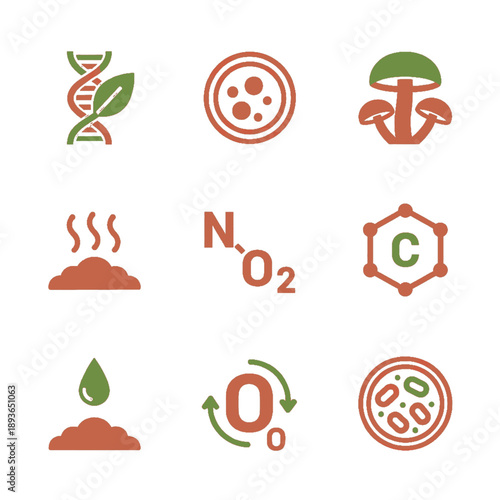 Professional vector icons for composting biology and microbiology. High-quality earth-tone graphics for soil science, decomposition processes, and natural nutrient cycles.